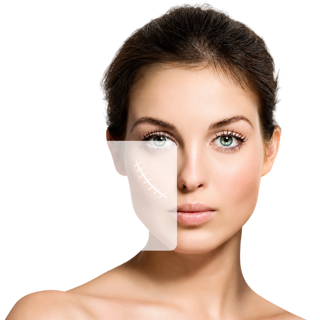 Strataderm brand portrait with a white graphic symbolising a facial scar